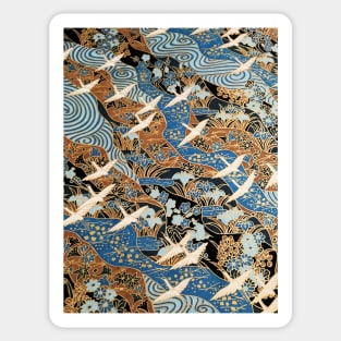 FLYING WHITE CRANES ON BLUE WATERS AND SPRING FLOWERS Gold Teal Blue Japanese Floral Sticker